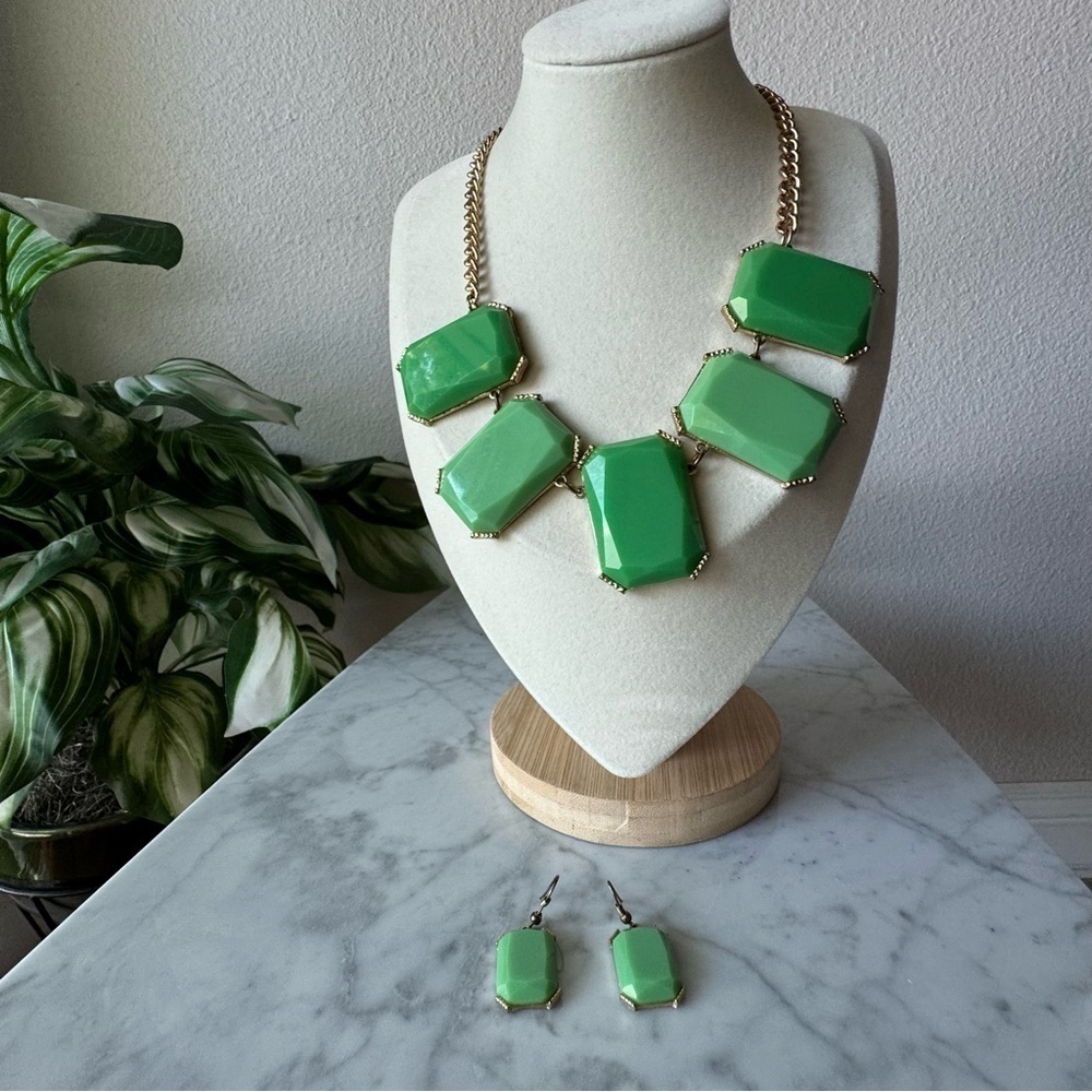Mika Y2K Two Tone Green Geometric Bib Statement Necklace and‎ Earrings Set